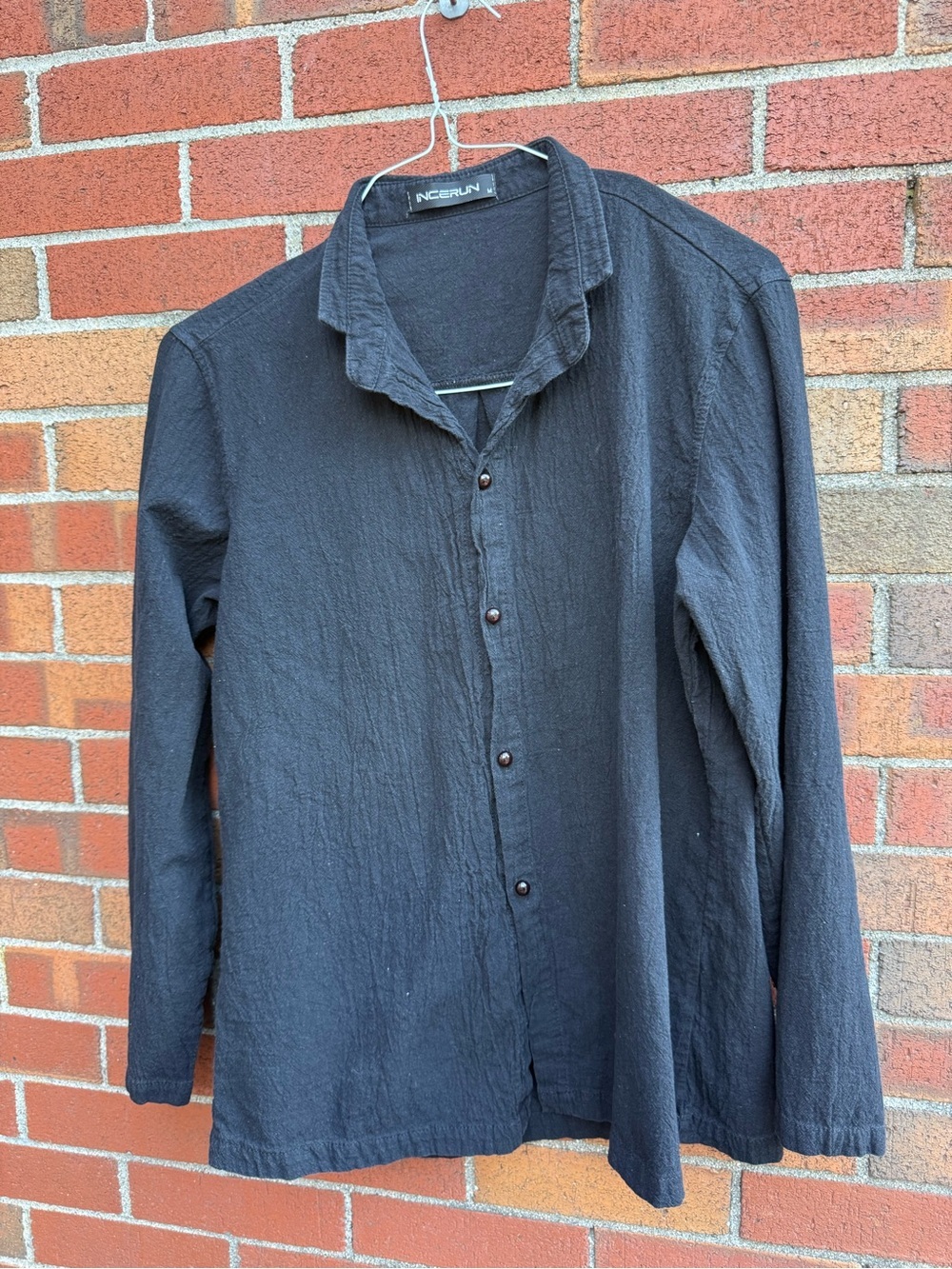 INCERUN 100% Cotton Black Crinkle Button Front Beach Pool Cover Up Shirt Size M